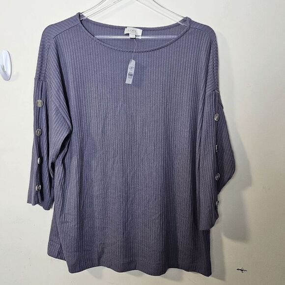 LOFT Ribbed Knit Soft Long Sleeve Pullover Button Sleeve Light Sweatshirt NWT Wo - Picture 1 of 4